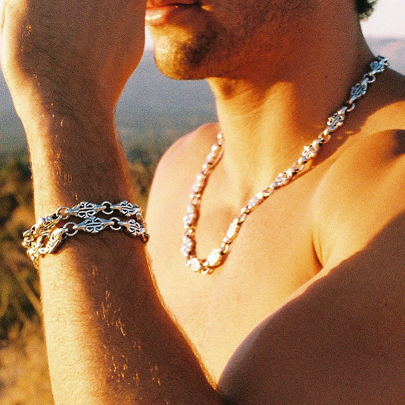Medium Silver Azteca bracelet worn at sunset