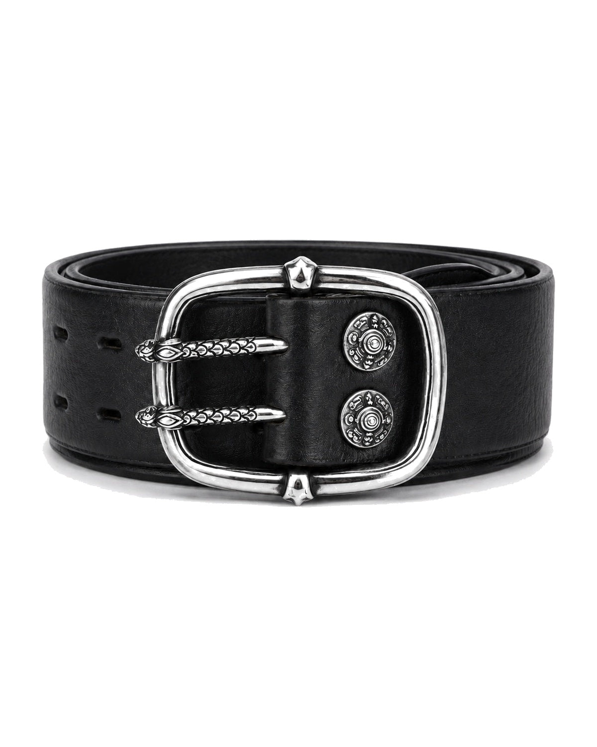 Black leather belt with silver double-prong buckle