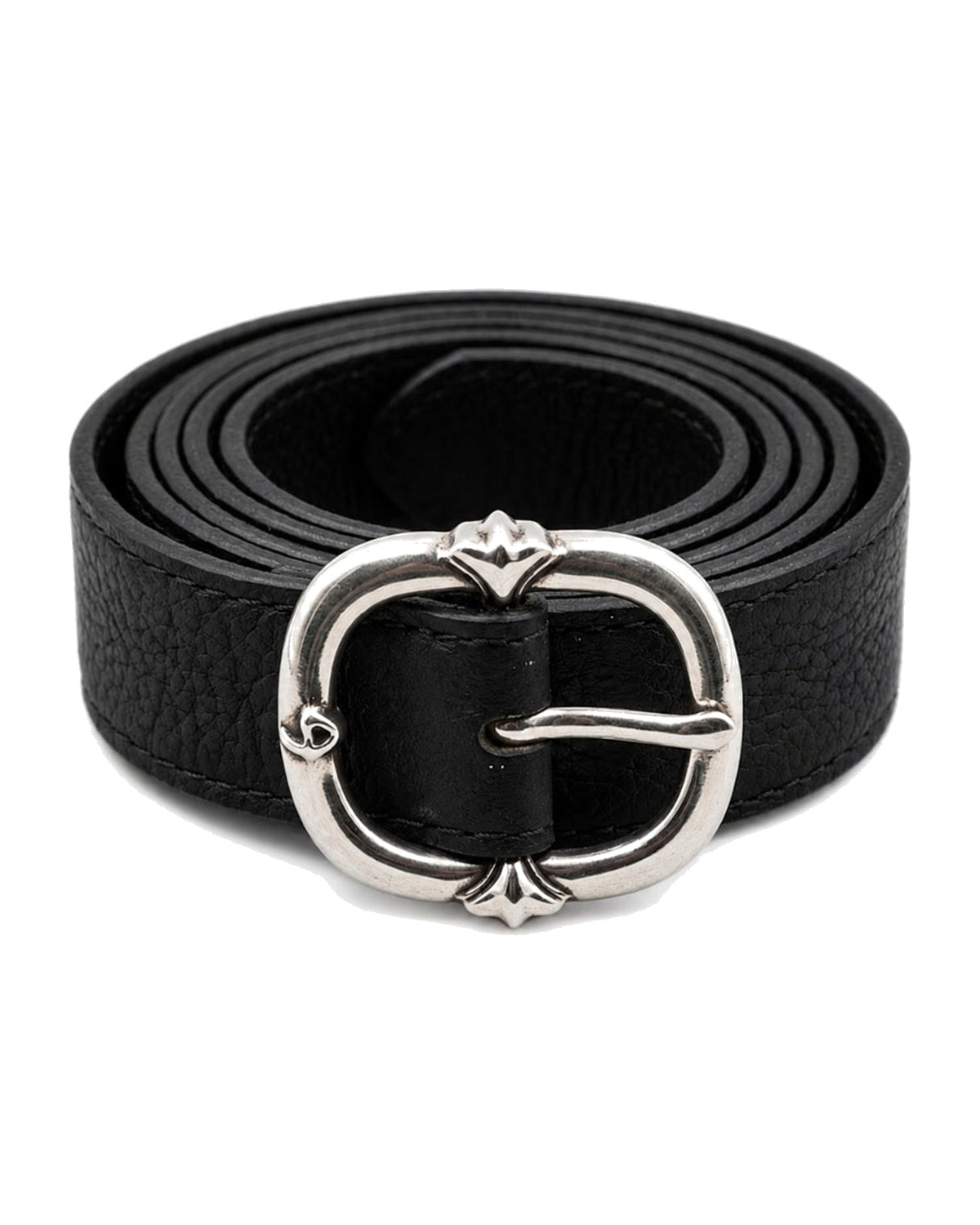 Black leather belt with round silver buckle