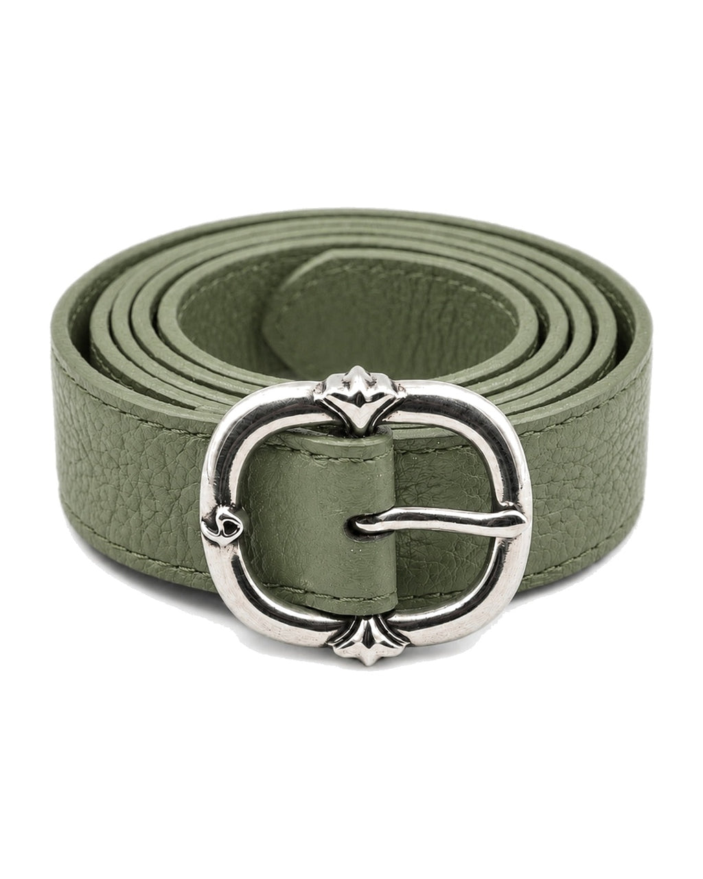 Green leather belt with round silver buckle