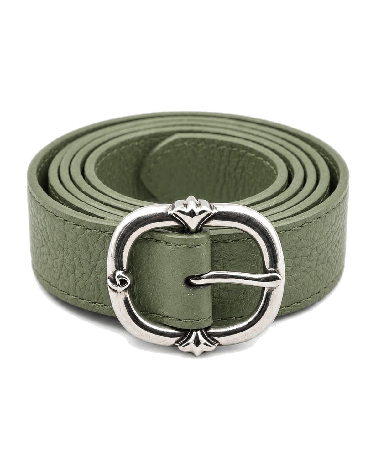 Green leather belt with round silver buckle