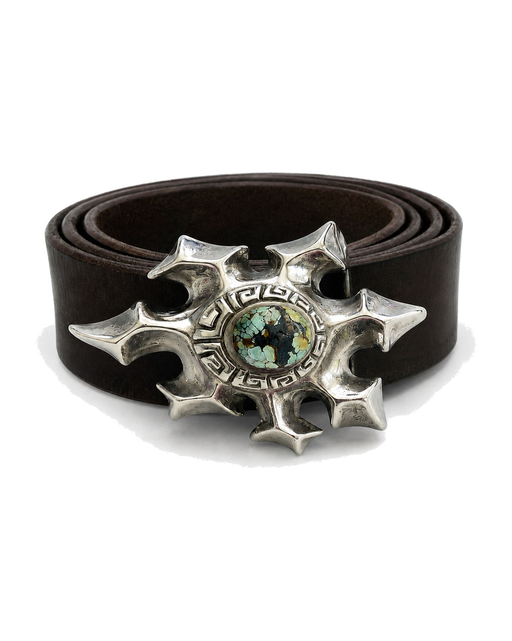 Belt 4 — rolled Japanese leather belt with sterling silver turquoise sun buckle
