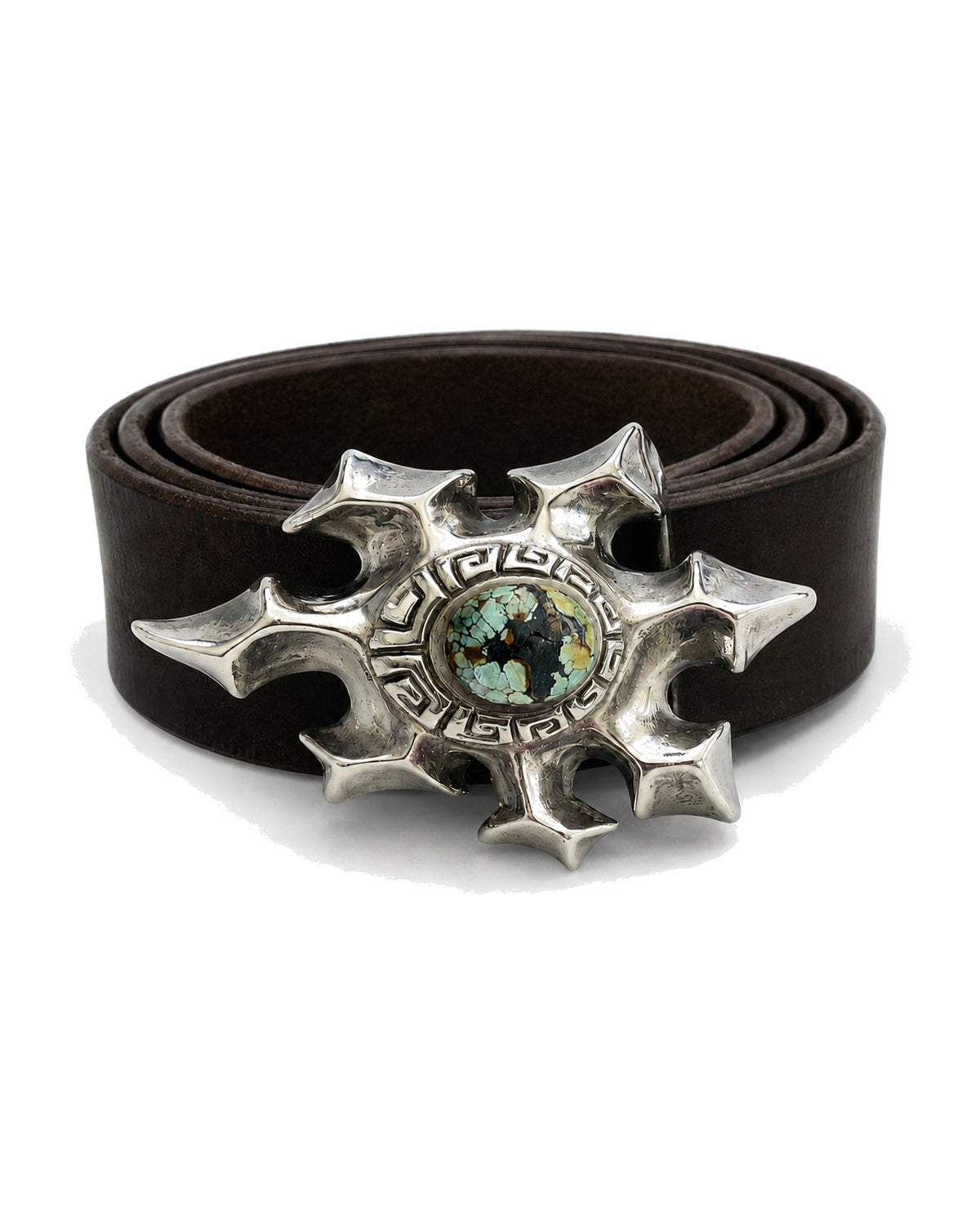 Belt 4 — rolled Japanese leather belt with sterling silver turquoise sun buckle
